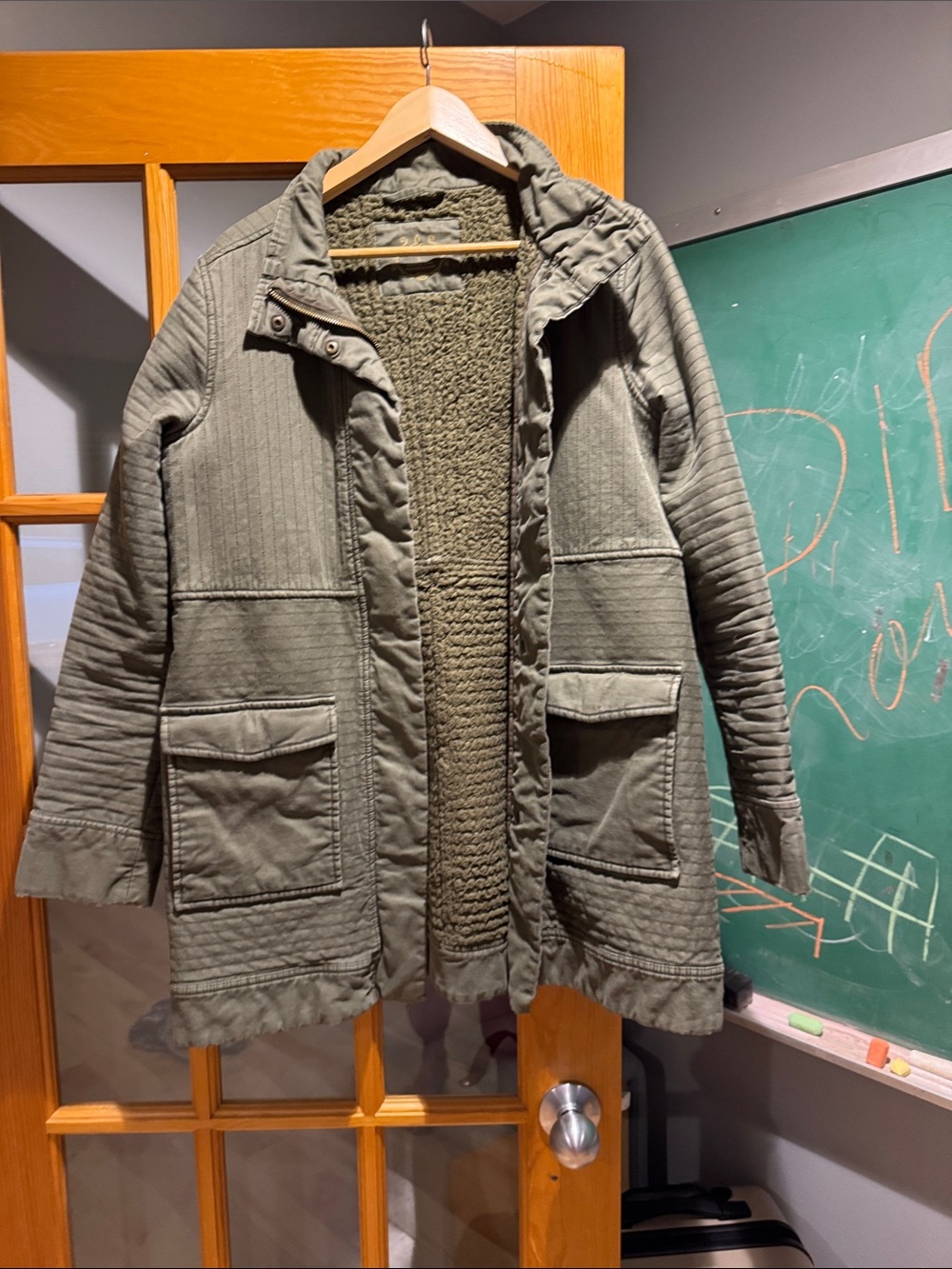 Prana Olive Green Quilted Field Jacket with Sherpa Lining